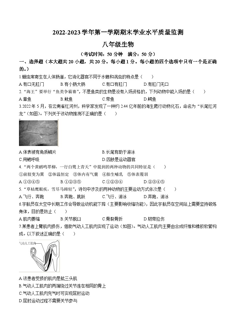 河南省开封市区2022-2023学年八年级上学期期末学业水平质量监测生物试题第1页