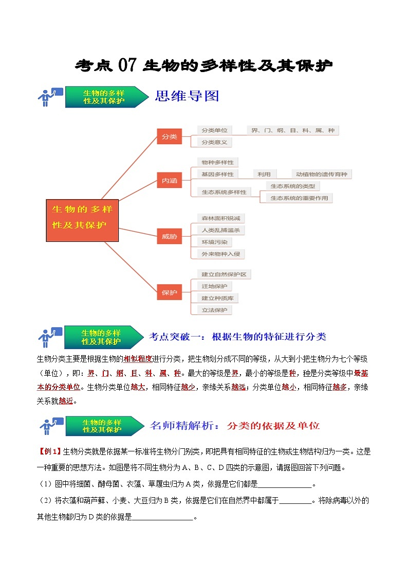 【全套精品专题】中考生物复习专题精讲考点07 生物的多样性及其保护（解析版）01