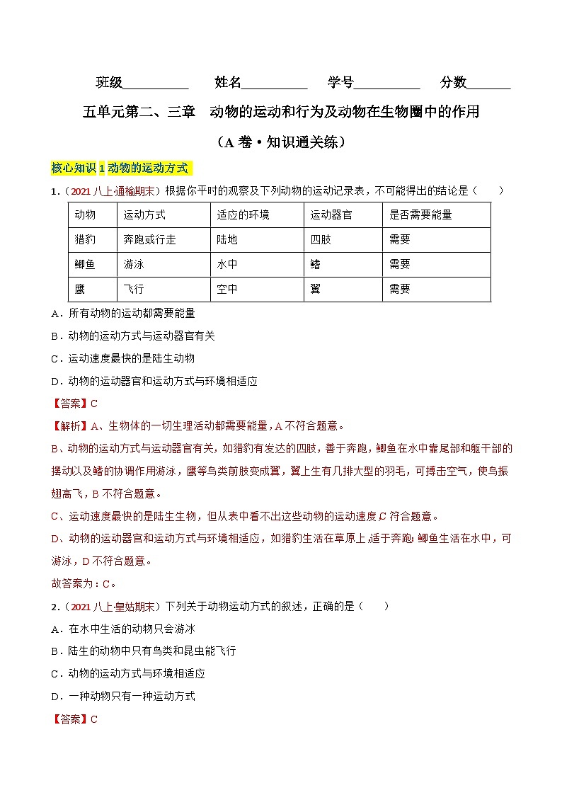 【全套精品专题】中考生物复习专题精讲第二、三章 动物的运动和行为及动物在生物圈中的作用（A卷·知识通关练）（解析版）第1页