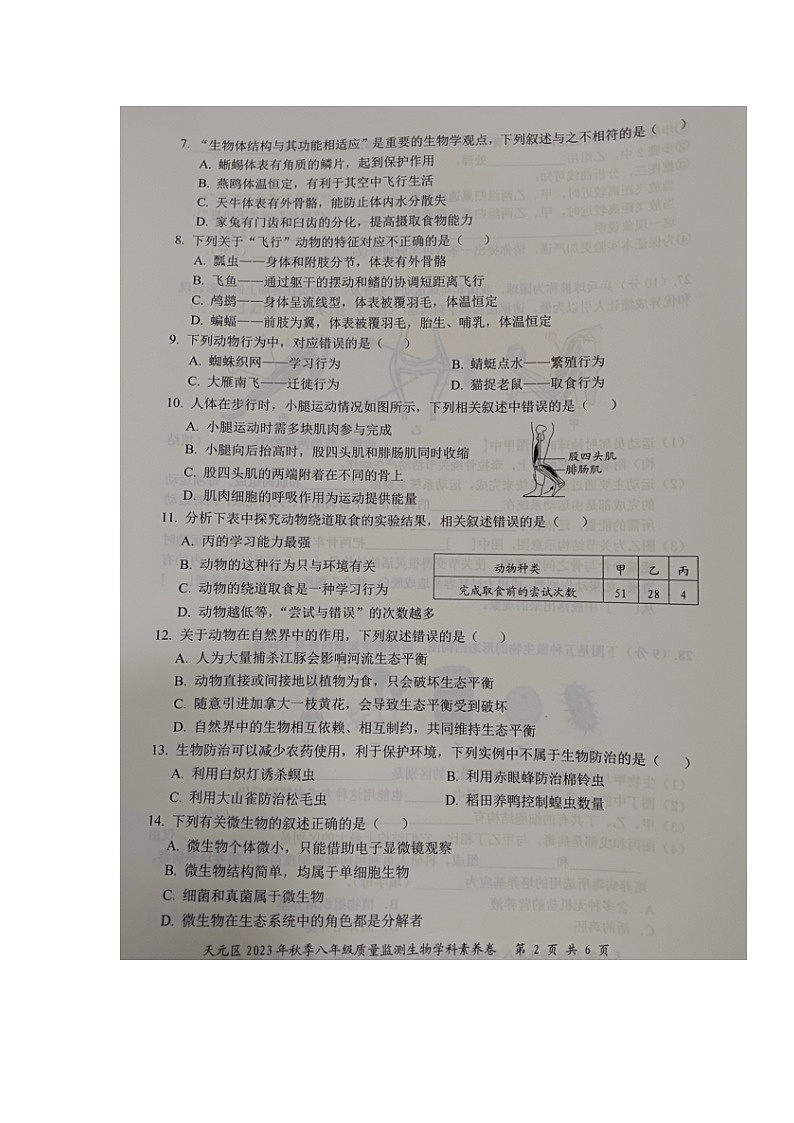 湖南省株洲市天元区2023-2024学年八年级上学期期末考试生物试题第2页