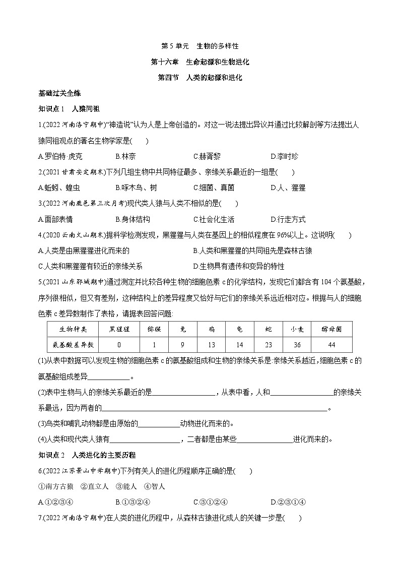 【全套精品专题】初中生物苏教版专题复习 5.16.4 人类的起源和进化 同步练习（解析版）01