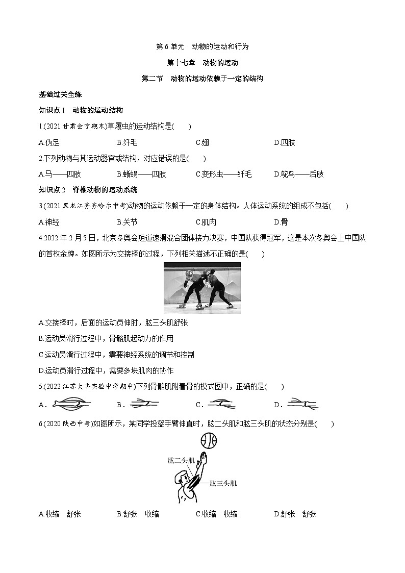 【全套精品专题】初中生物苏教版专题复习 6.17.2 动物的运动依赖于一定的结构 同步练习（解析版）01
