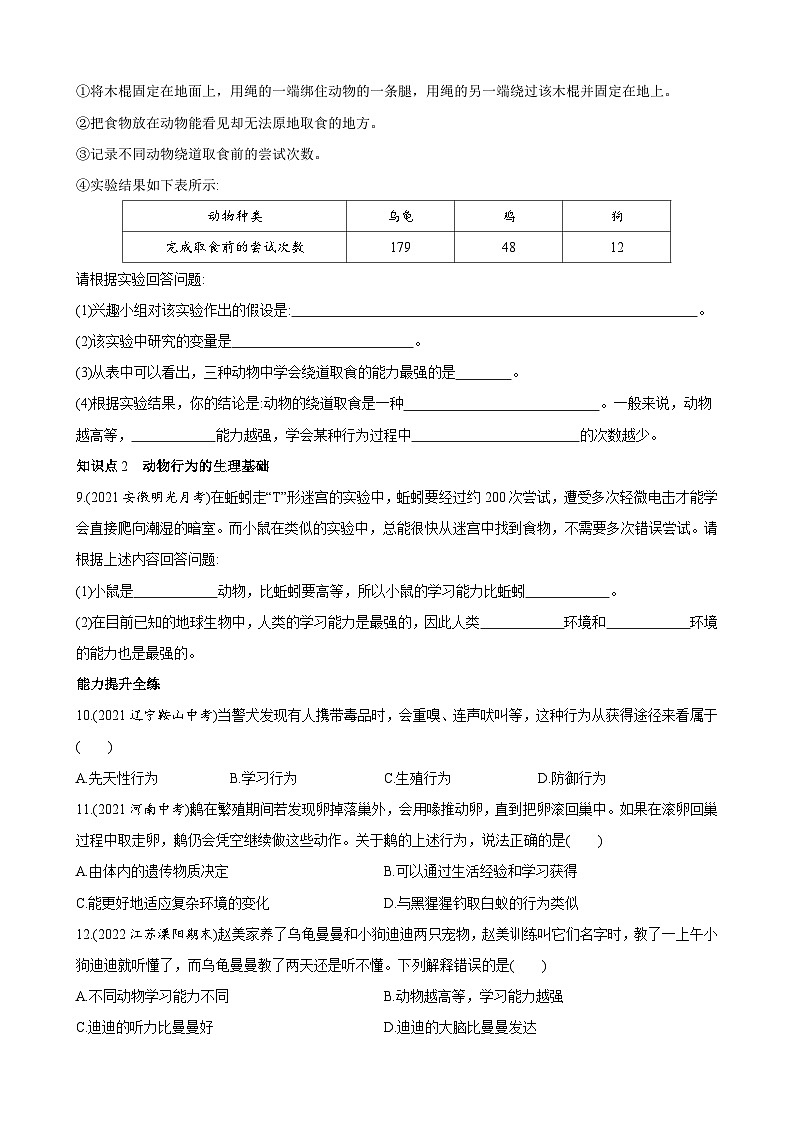 【全套精品专题】初中生物苏教版专题复习 6.18.2 动物行为的生理基础 同步练习（解析版）02