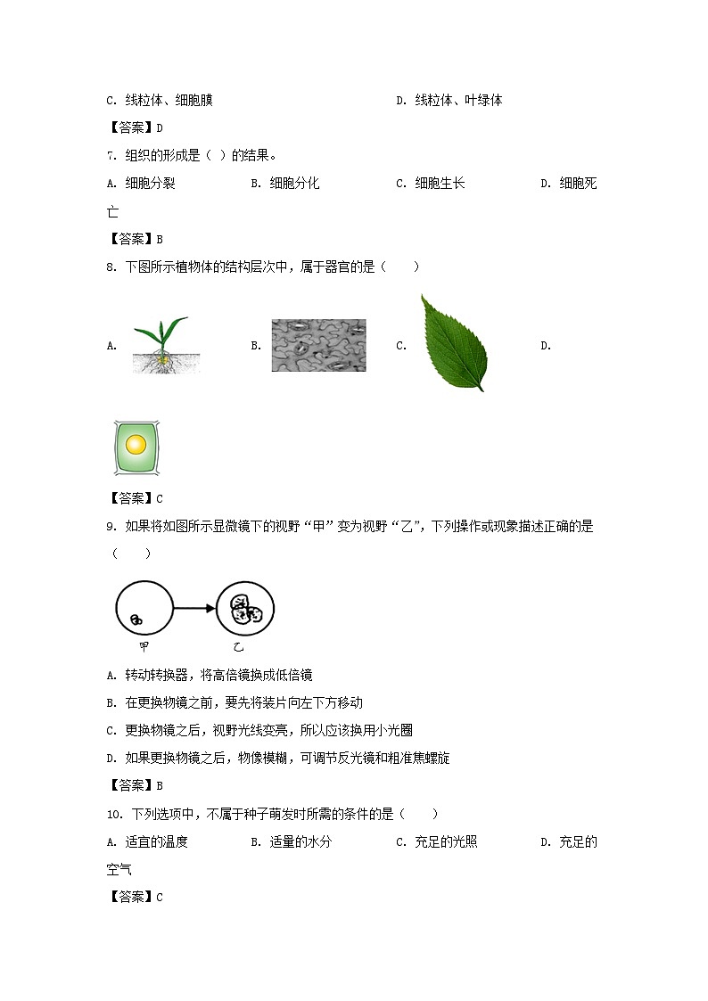 2021-2022学年天津市河东区七年级上册期末生物试卷及答案02