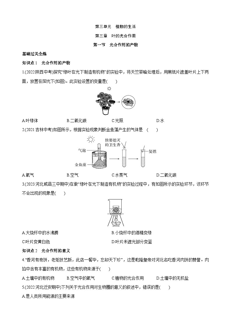 【全套精品专题】初中生物八年级复习专题精讲 3.3.1 光合作用的产物 同步练习（带解析）第1页