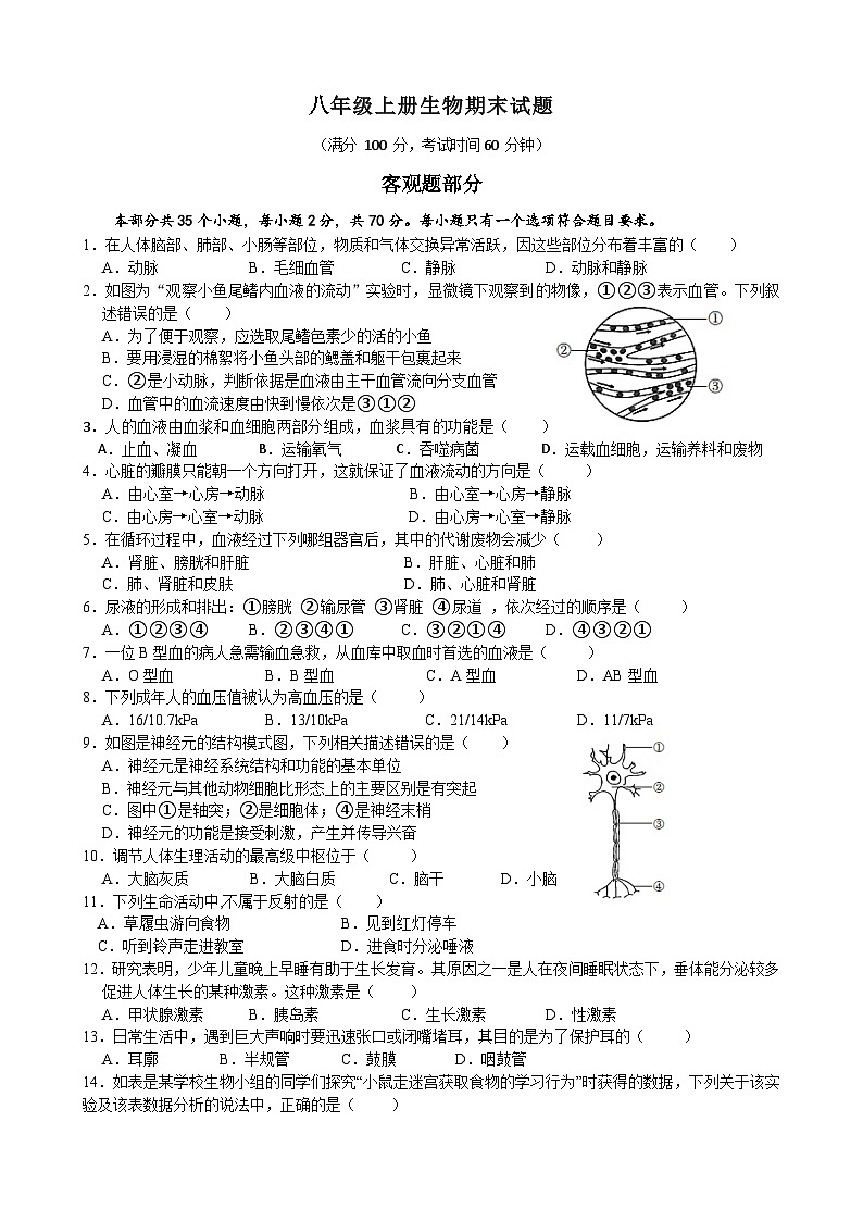 江苏省扬州市江都区2023-2024学年八年级上学期期末生物试题01