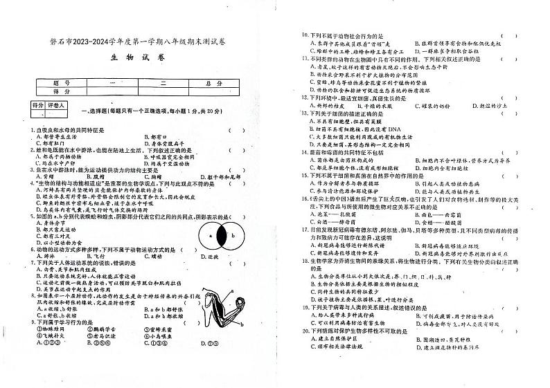 吉林省磐石市2023-2024学年上学期八年级生物期末试卷（图片版，含答案）01