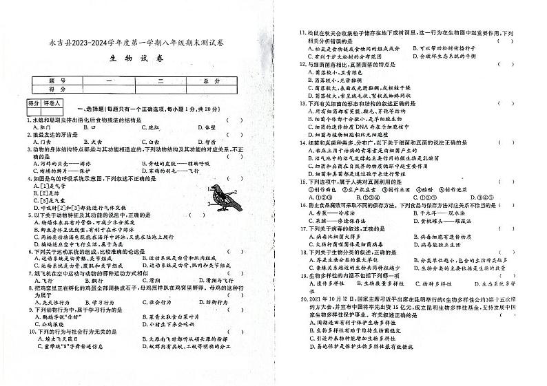 吉林市永吉县2023-2024学年上学期八年级生物期末试卷（图片版，含答案）01