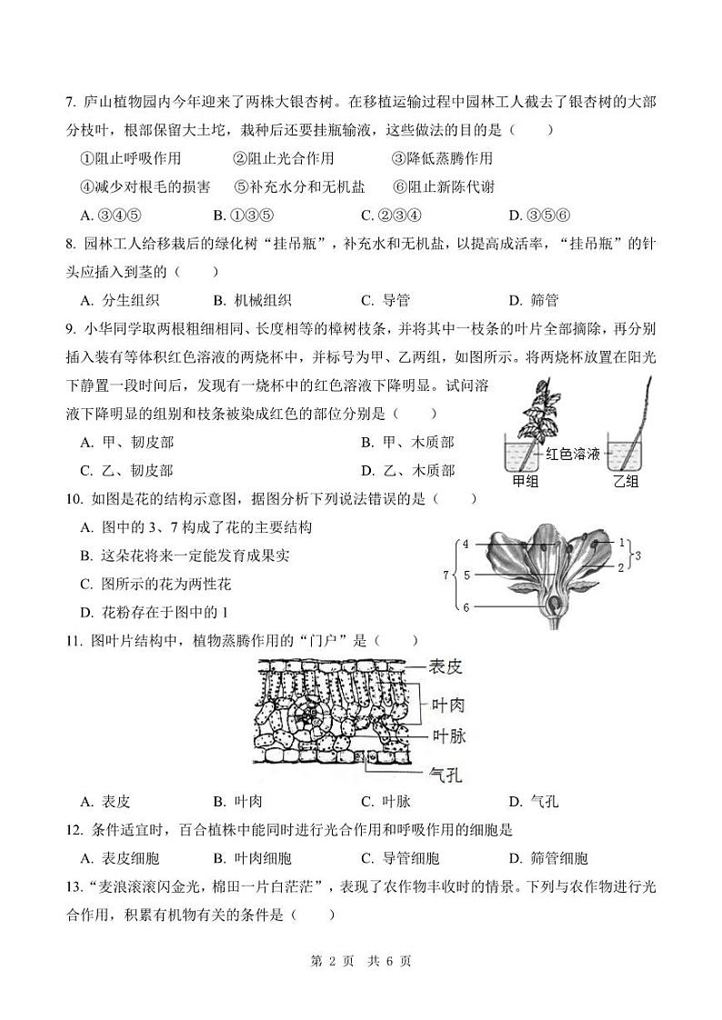 河南省洛阳市栾川县2022-2023学年第一学期期末教学质量检测试卷七年级生物（苏教版）含答案02