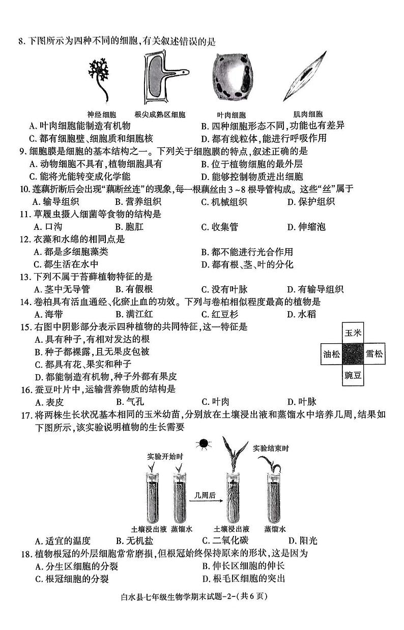 陕西省渭南市白水县2023-2024学年七年级上学期期末生物试题第2页