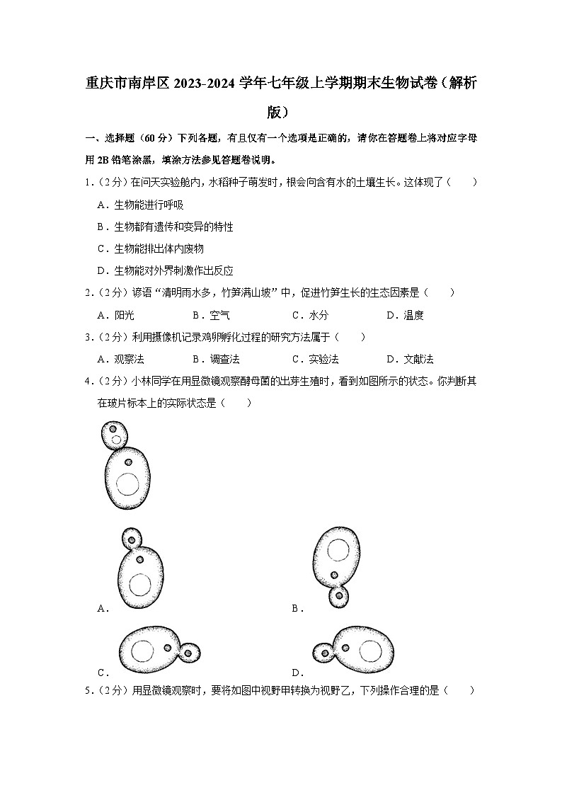 重庆市南岸区2023-2024学年七年级上学期期末生物试卷+01