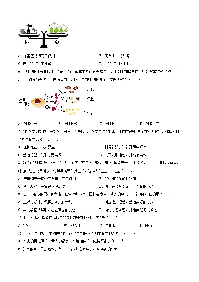 2023年湖北省随州市中考生物真题02