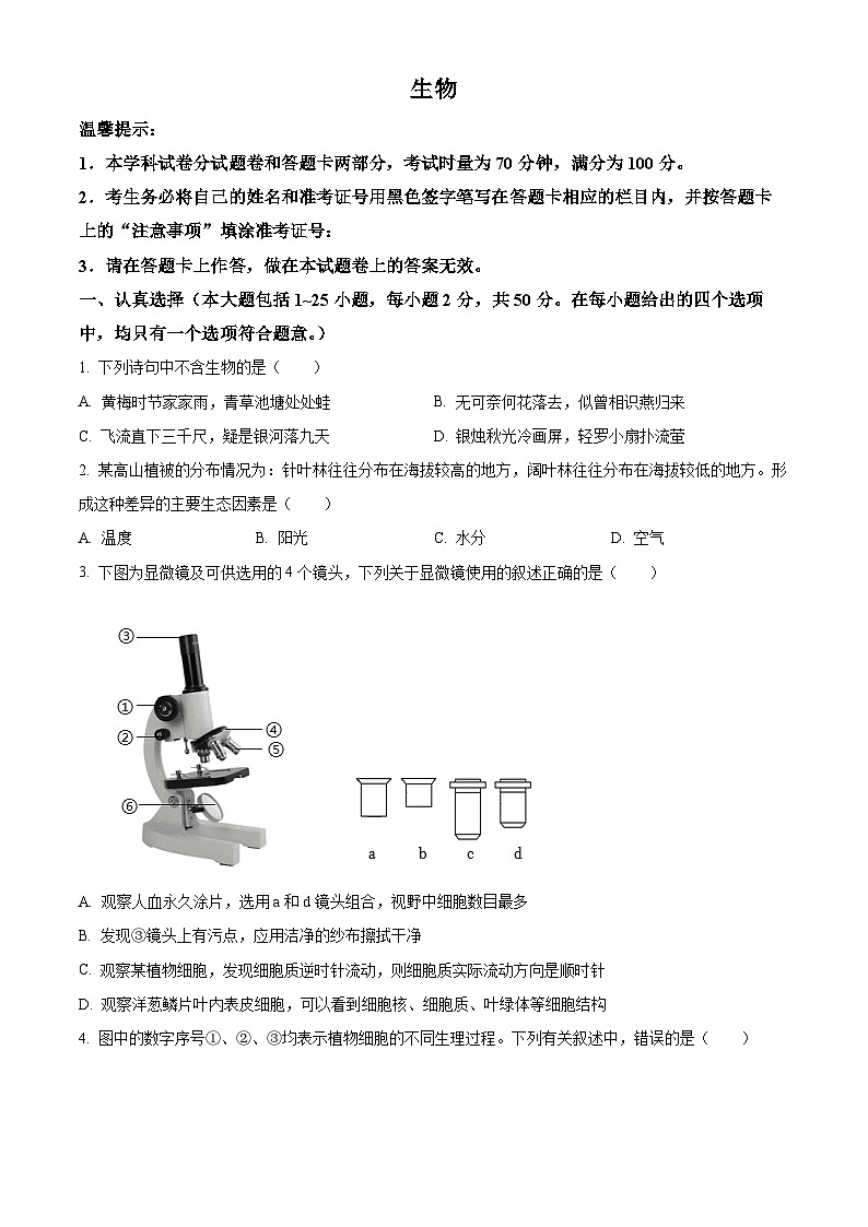 2023年湖南省邵阳市中考生物真题01