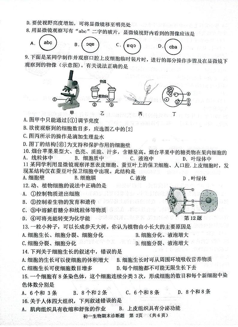 山东省淄博市高青县2023-2024学年六年级上学期期末生物试题(无答案)02
