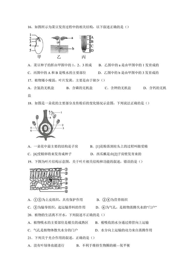 内蒙古通辽市科尔沁左翼中旗2023-2024学年七年级上学期期末考试生物模拟试题（含答案）第3页