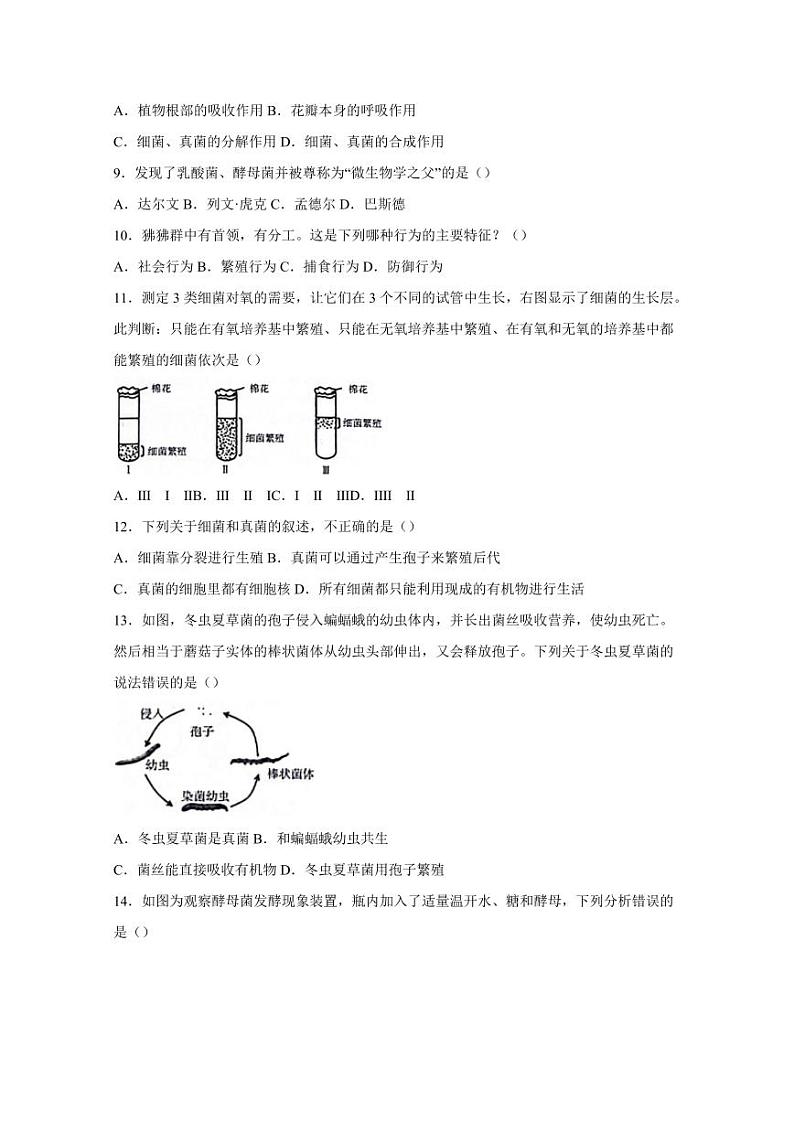 吉林省白城市镇赉县2023-2024学年八年级上学期生物期末模拟试题（含答案）第2页