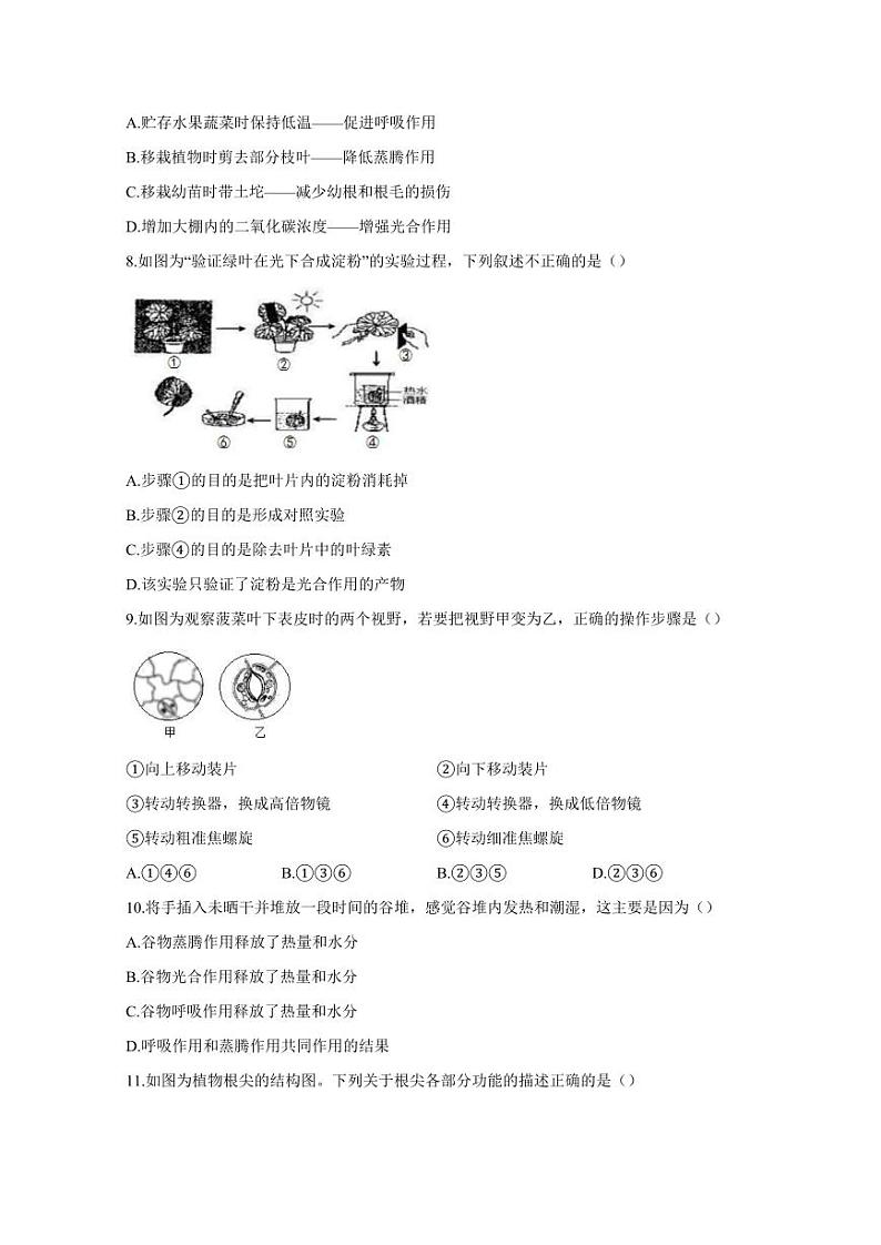 辽宁省抚顺市新抚区2023-2024学年七年级上学期期末教学质量检测生物模拟试题（含答案）02