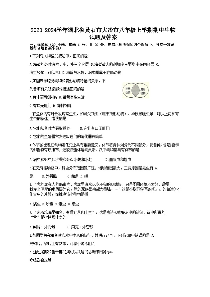 2023-2024学年湖北省黄石市大冶市八年级上学期期中生物试题及答案01
