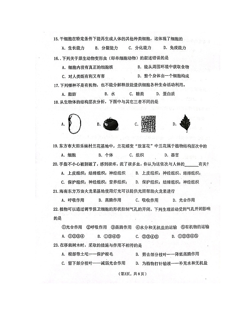 海南省东方市2023-2024学年七年级上学期期末检测生物试题03