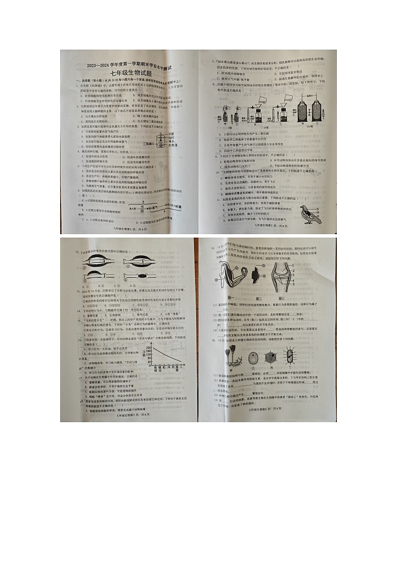 山东省菏泽市巨野县2023-2024学年七年级上学期生物期末试题01