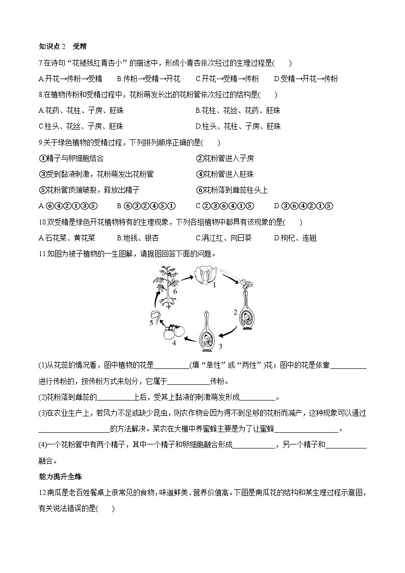 【全套精品专题】济南版 初中八年级上册生物复习专题 精讲  4.1.2 传粉与受精 同步练习（带答案）02