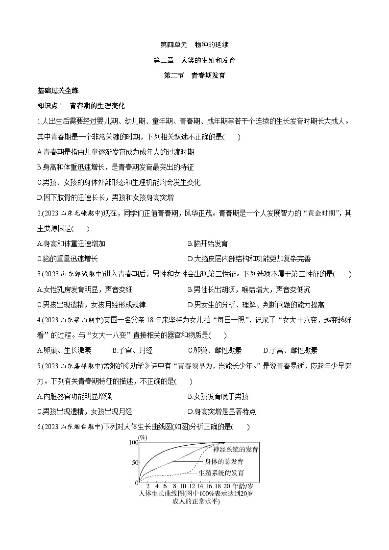 【全套精品专题】济南版 初中八年级上册生物复习专题 精讲 4.3.2 青春期发育 同步练习（带答案）01