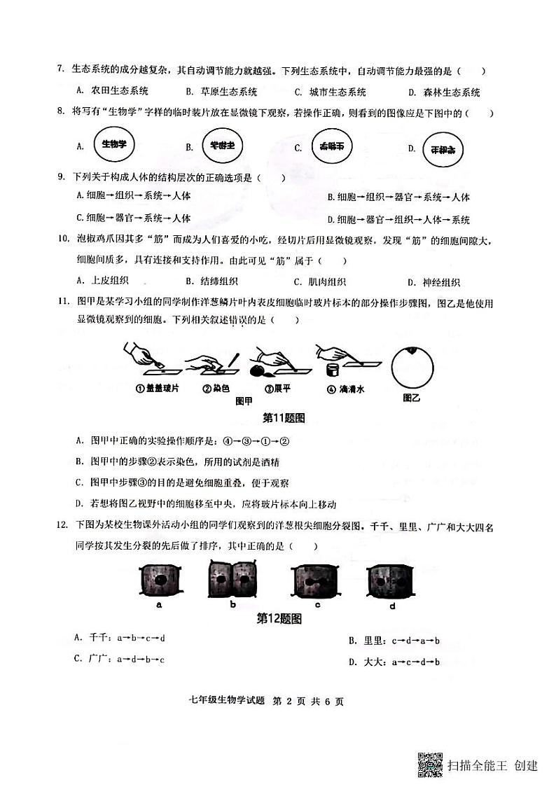 重庆市巴南区2023-2024学年七年级上学期期末生物学试题02