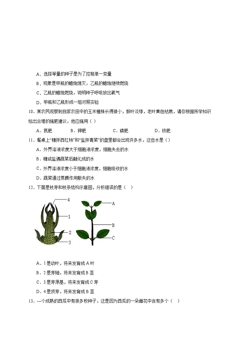 2023-2024学年甘肃省兰州市七年级上册期末考试生物模拟试题（附答案）03