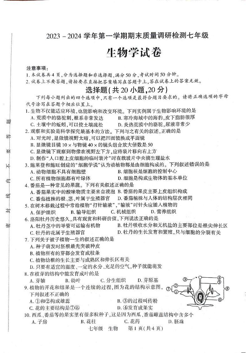 河南省洛阳市伊川县2023-2024学年七年级上学期期末生物学试题01