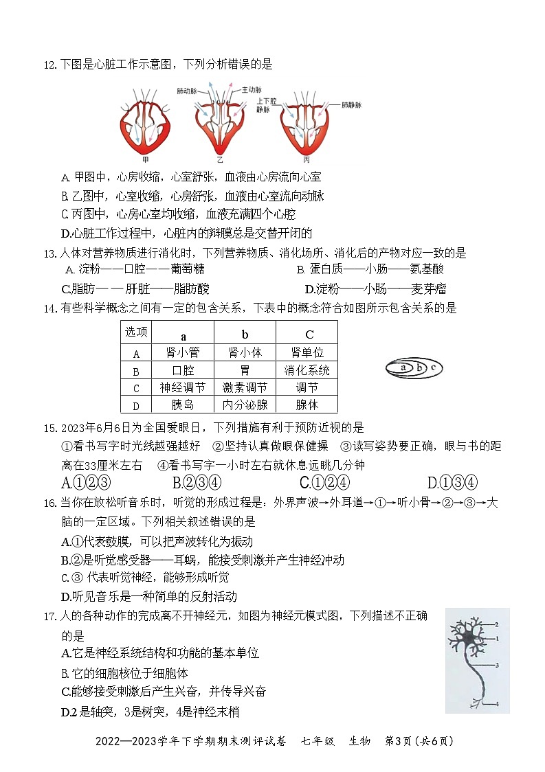 河南省郑州市荥阳市2022—2023学年七年级生物下学期期末测评试卷(附答案)03