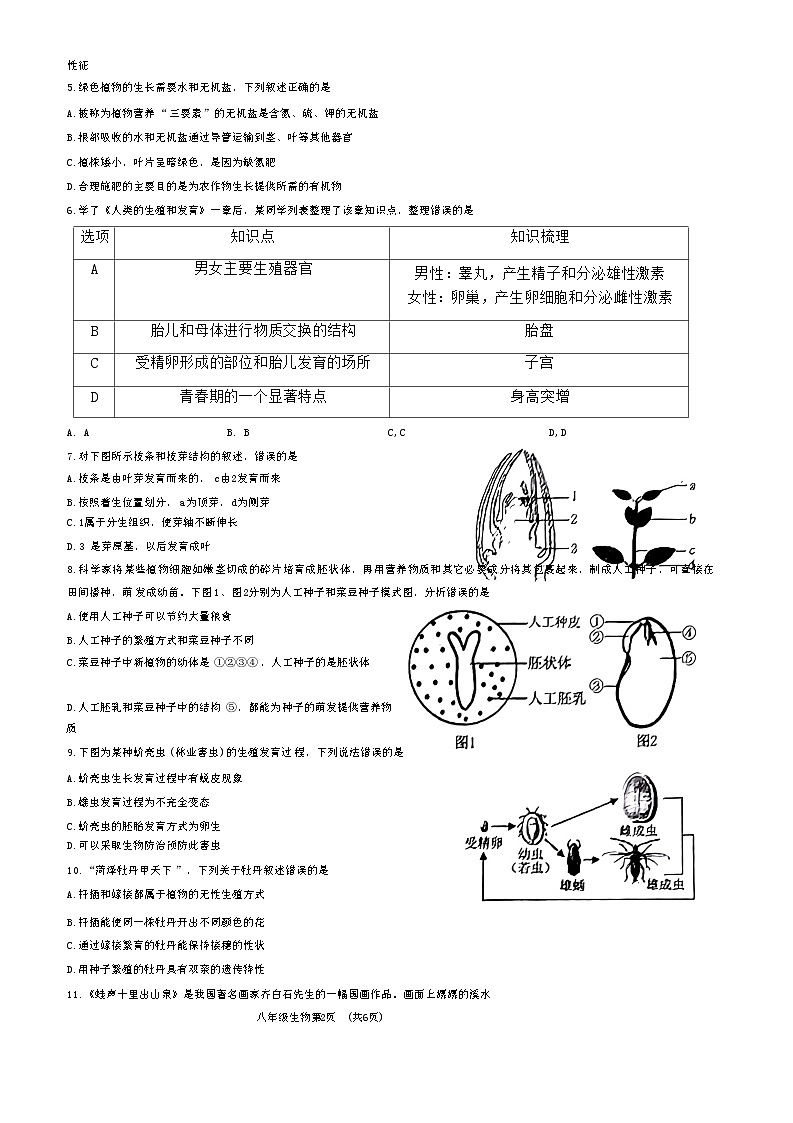 山东省菏泽市曹县2023-2024学年八年级上学期期末生物试题02
