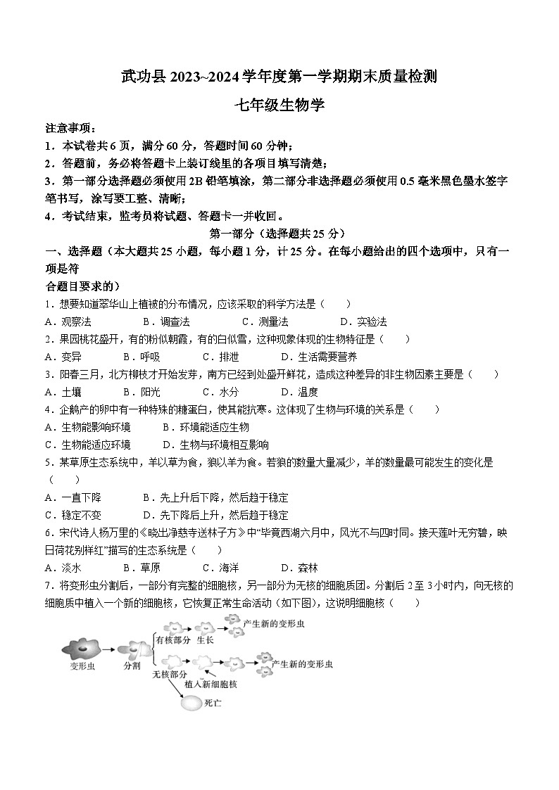 陕西省咸阳市武功县2023-2024学年七年级上学期期末考试生物试题第1页