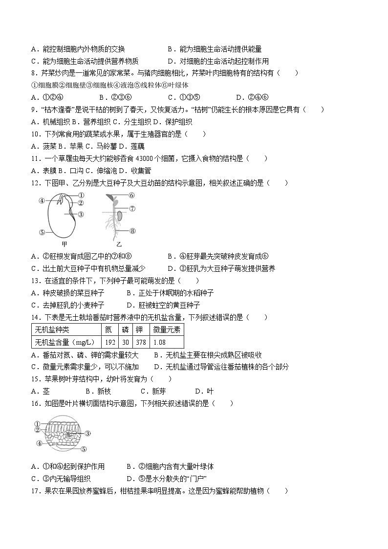 陕西省咸阳市武功县2023-2024学年七年级上学期期末考试生物试题第2页