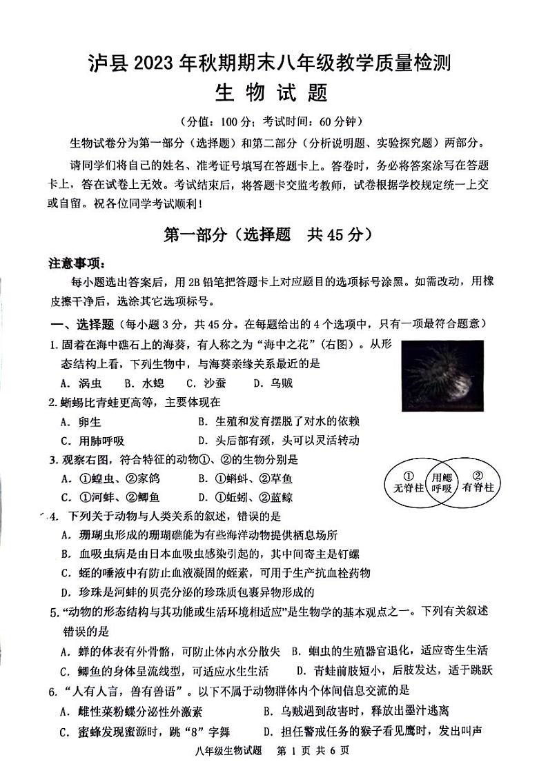 四川省泸州市泸县2023-2024学年八年级上学期期末生物试题01