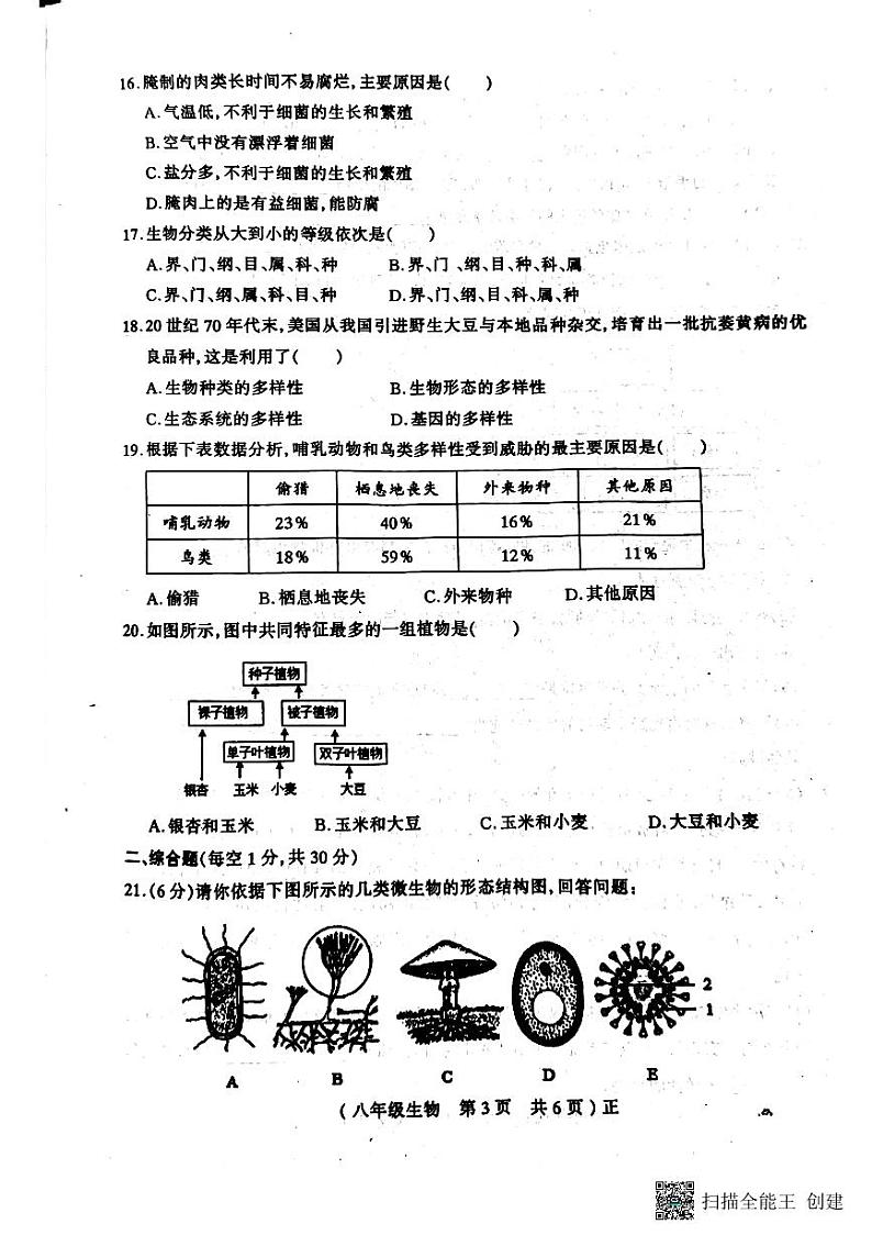 河南省驻马店市正阳县2023-2024学年八年级上学期期末生物学试题03