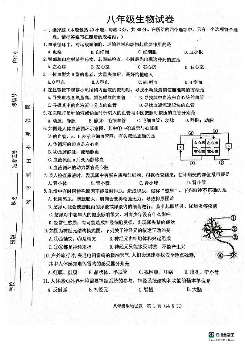 江苏省宿迁市泗洪县2023-2024学年八年级上学期期末生物试题.第1页