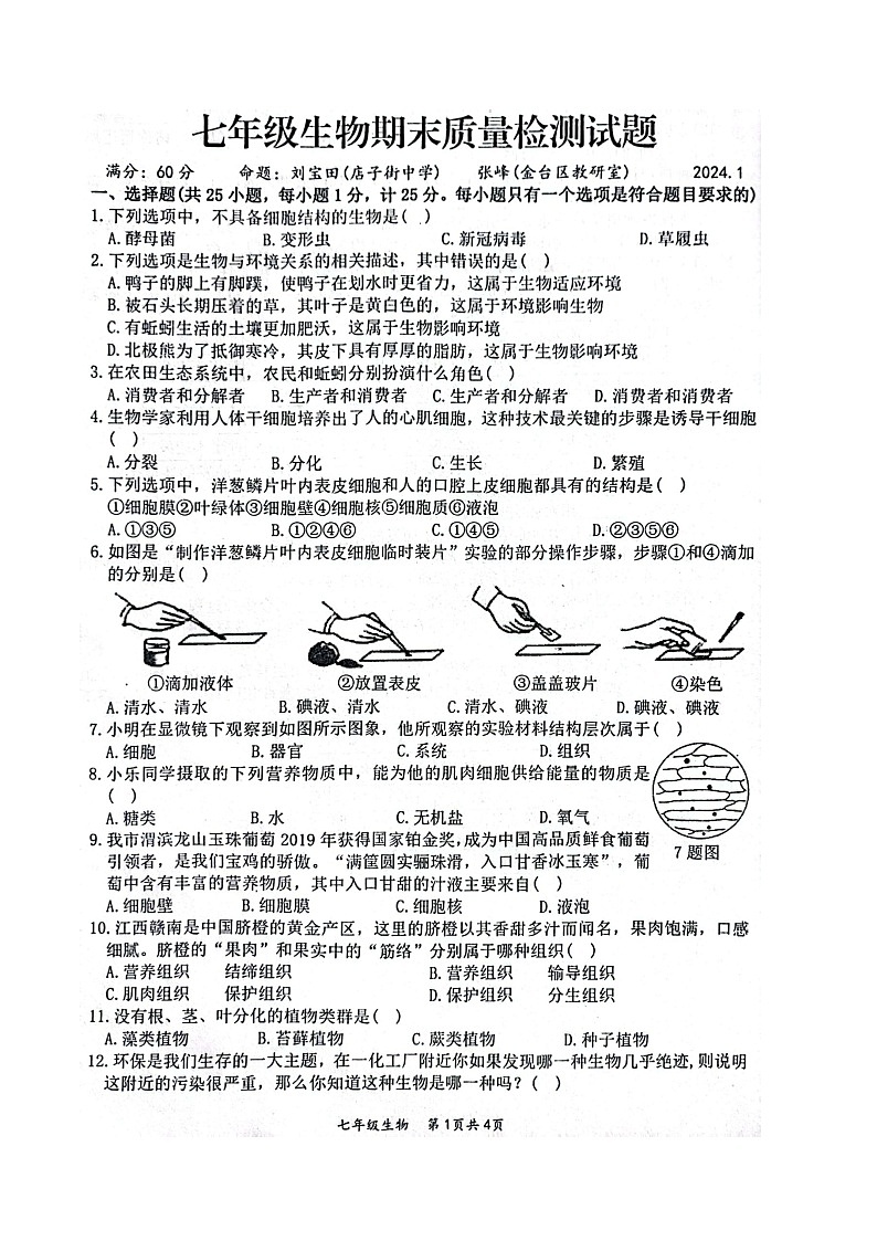 陕西省宝鸡市金台区2023-2024学年七年级上学期期末生物试题第1页