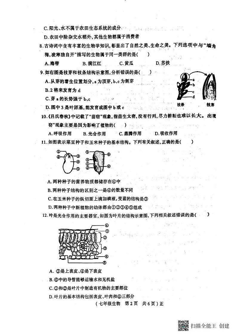 河南省驻马店市正阳县2023-2024学年七年级上学期期末生物试题第2页