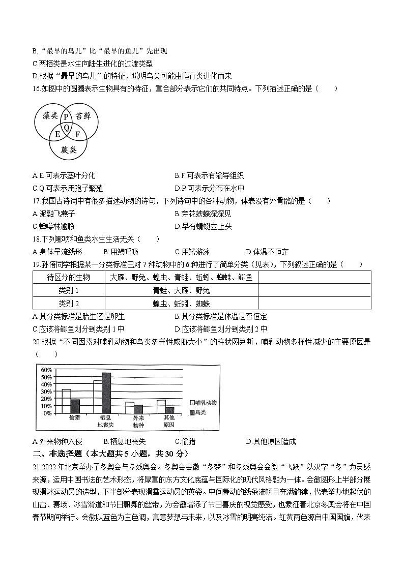 河南省驻马店市驿城区2023-2024学年八年级上学期期末生物试卷03