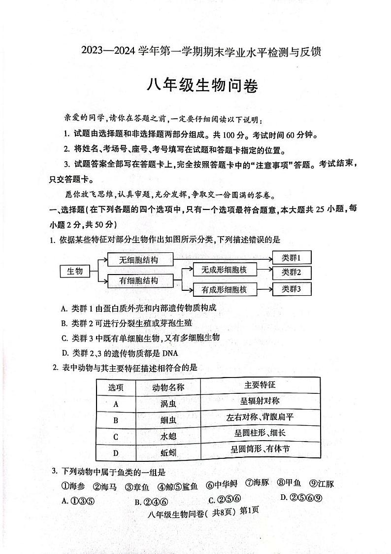 山东省聊城市阳谷县2023-2024学年八年级上学期期末生物试题01
