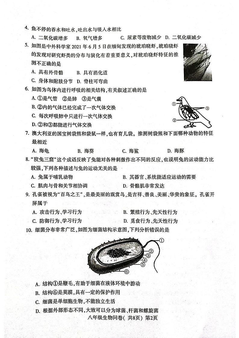 山东省聊城市阳谷县2023-2024学年八年级上学期期末生物试题02