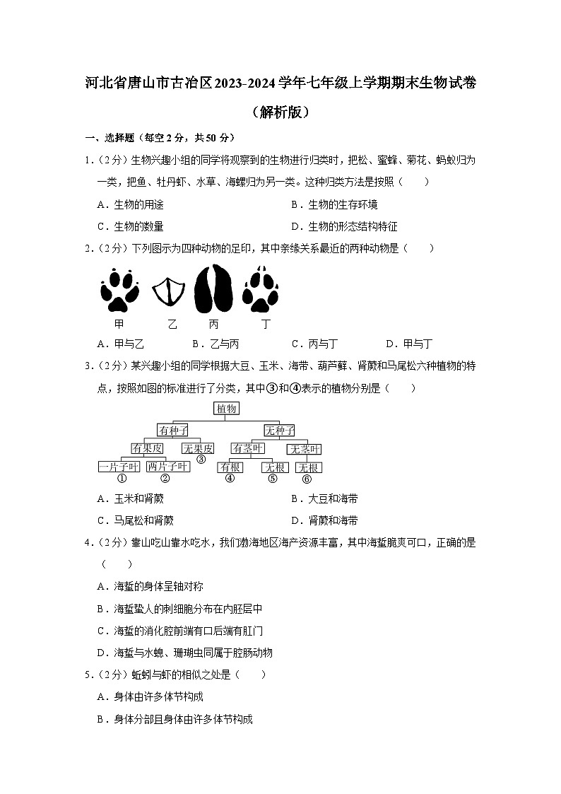 河北省唐山市古冶区2023-2024学年七年级上学期期末生物试卷+01
