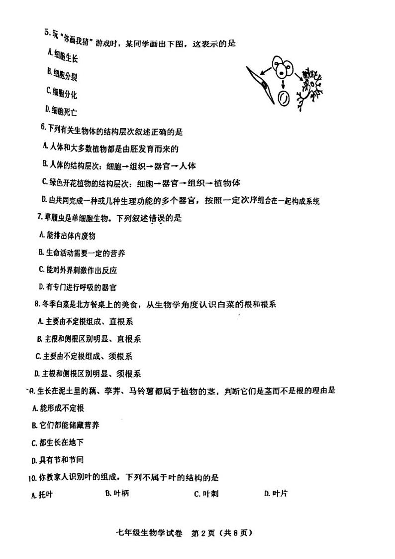 河北省石家庄市桥西区2023-2024学年七年级上学期期末生物卷02