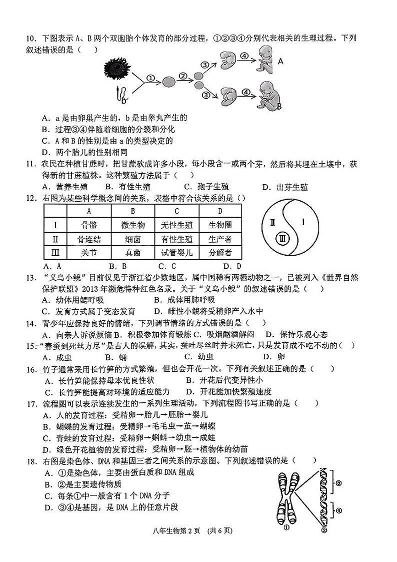福建省泉州市鲤城区2023-2024学年八年级上学期期末生物学试题02