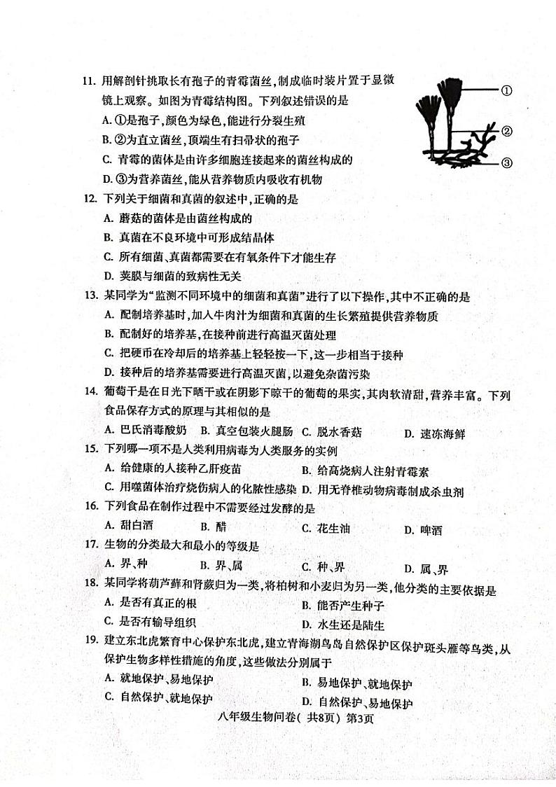 山东省聊城市阳谷县2023-2024学年八年级上学期期末生物学试题第3页