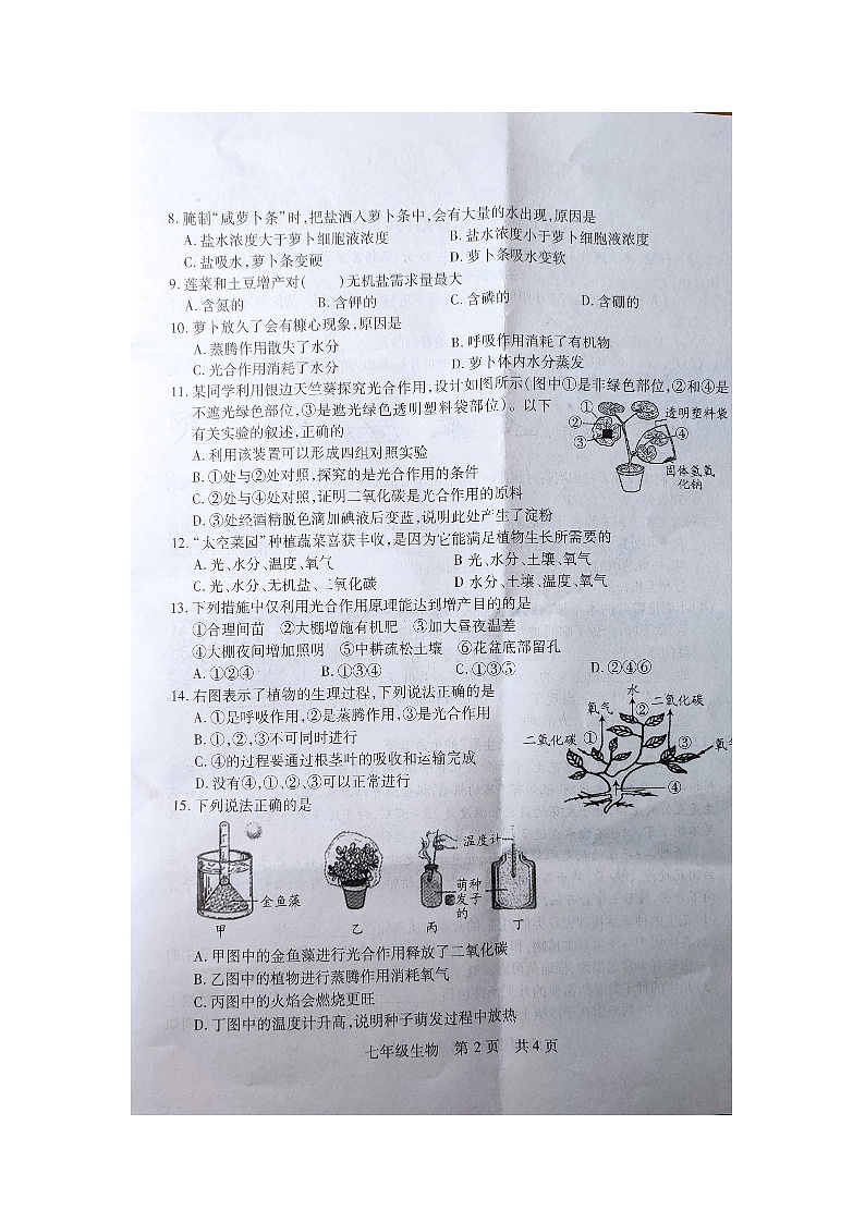 山西省运城市新绛县2023-2024学年七年级上学期期末生物试题第2页