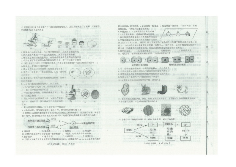 山东省东营市广饶县2023-2024学年六年级第一学期期末考试试题--生物02