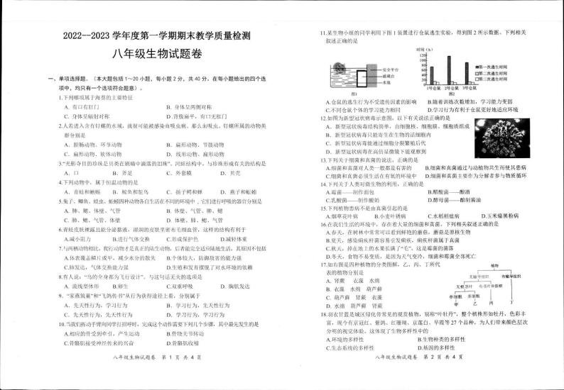 安徽省安庆市怀宁县2022-2023学年八年级上学期期末考试生物试题01