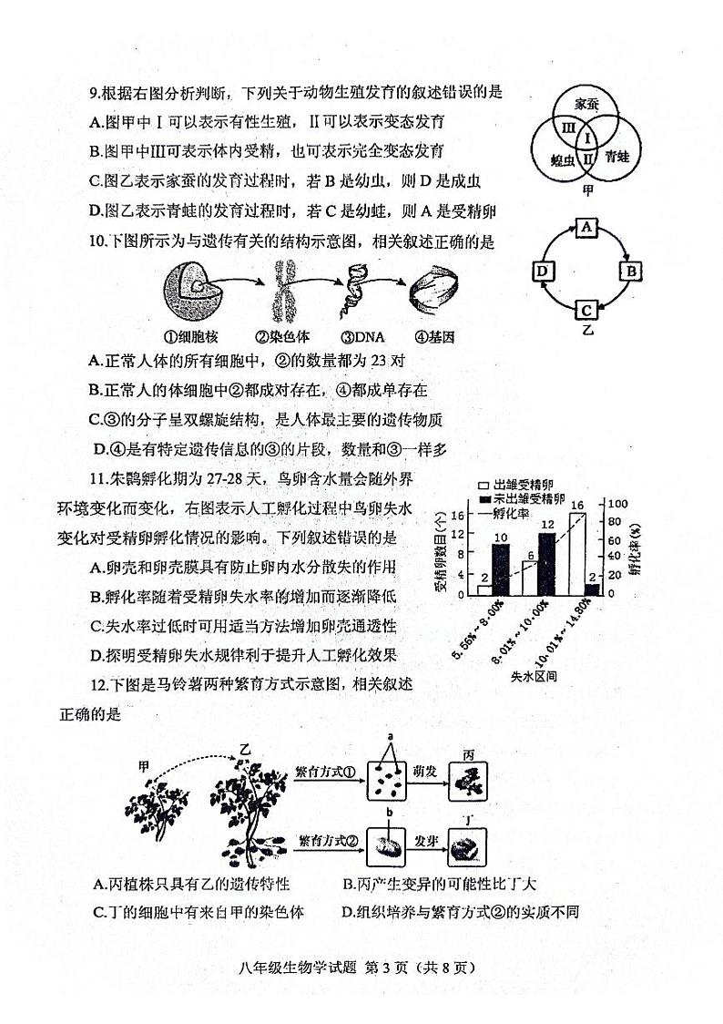 山东省泰安市肥城市2023-2024学年八年级上学期期末考试生物试题第3页
