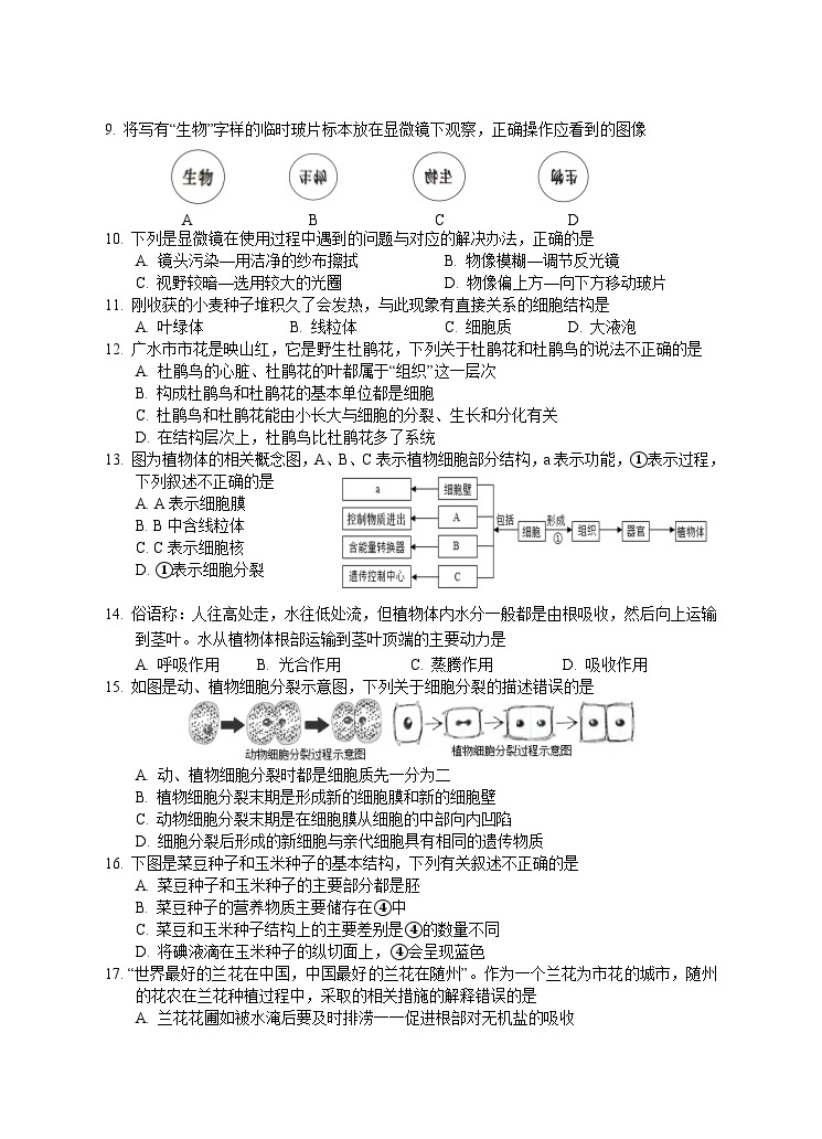 湖北省广水市2023-2024学年七年级上学期期末检测生物试题02